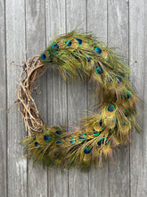 Load image into Gallery viewer, Wild Natural Wreath - Handmade Grapevine and Ethically Sourced Peacock Feather Wreath
