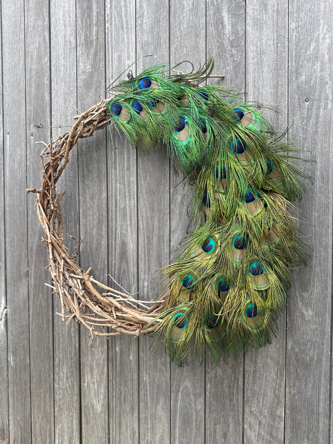 Wild Natural Wreath - Handmade Grapevine and Ethically Sourced Peacock Feather Wreath