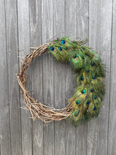 Load image into Gallery viewer, Wild Natural Wreath - Handmade Grapevine and Ethically Sourced Peacock Feather Wreath
